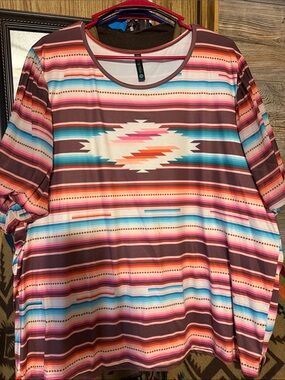 Plus-Size Short Sleeve Aztec Stripe Tee in Multi-Color